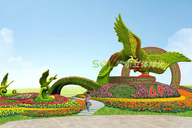 國慶主題綠雕“百鳥朝鳳”設(shè)計效果圖